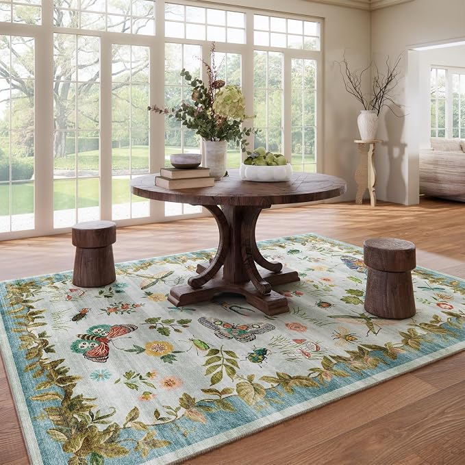 Machine Washable Rug for Living Room: 9x12 Area Rugs Vintage Rug Stain Resistant Non Slip Low Pile Soft Lightweight Carpets for Bedroom Kitchen Dining Room Nursery Kids Room Farmhouse Indoor