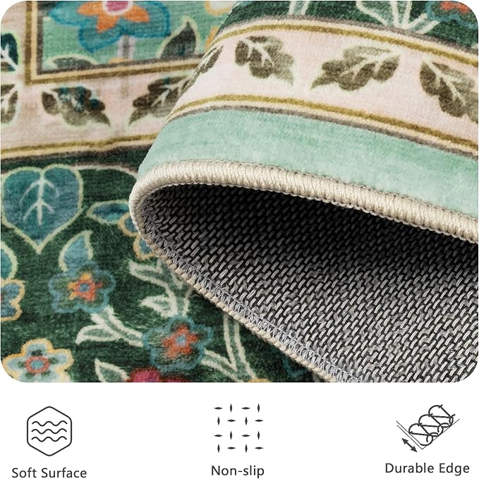 8x10 Area Rugs, Machine Washable Low Pile Floral Rugs for Living Room, Bedroom, Large Boho Area Rug with Non-Slip Backing for Dining Room(Green Floral)