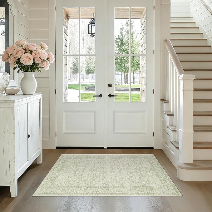 Boho Font Door Mat for Indoor Entrance Washable Non Slip Vintage Floral Aesthetic 3x5 Area Rugs for Entryway Entry,Sage Green