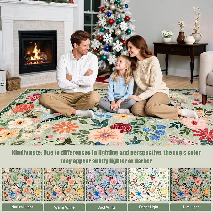 Area Rug Living Room Rugs: Floral 3x5 Washable Rug Vintage Soft Boho Non-Slip Carpet Indoor Floor Stain Resistant Large Carpets for Bedroom Dining Room Farmhouse Nursery Hallway Green