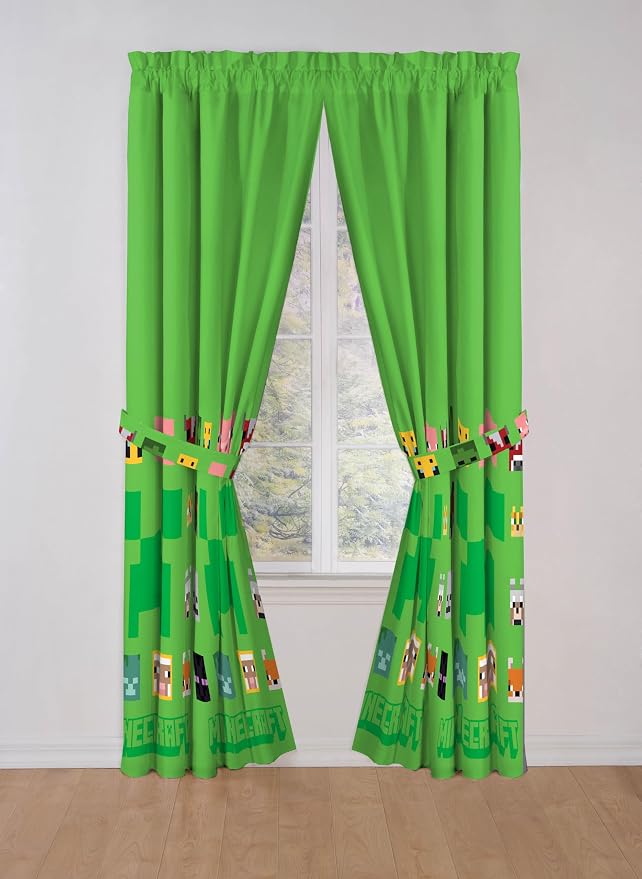 Sunny Side Up Window Curtains for Kids Bedroom 4-Piece Drape Set with 2 Tiebacks, Green - Minecraft, 42" W x 84" L (Pack of 2)