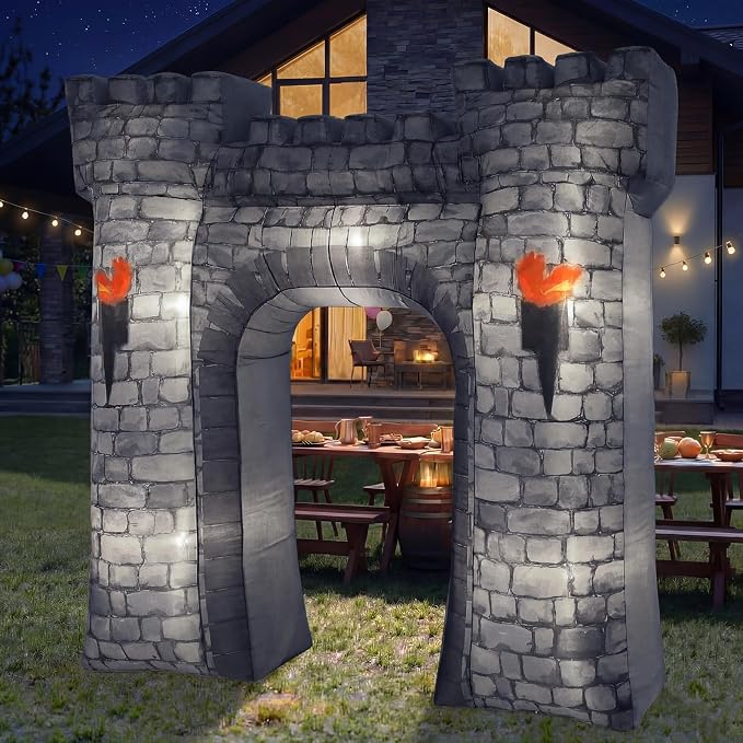 Preboun 8ft Medieval Party Inflatable Decoration Medieval Inflatable Castle Blow up Archway with Built-in Lights for Knight Birthday Cosplay Party Outdoor Yard Garden Decor