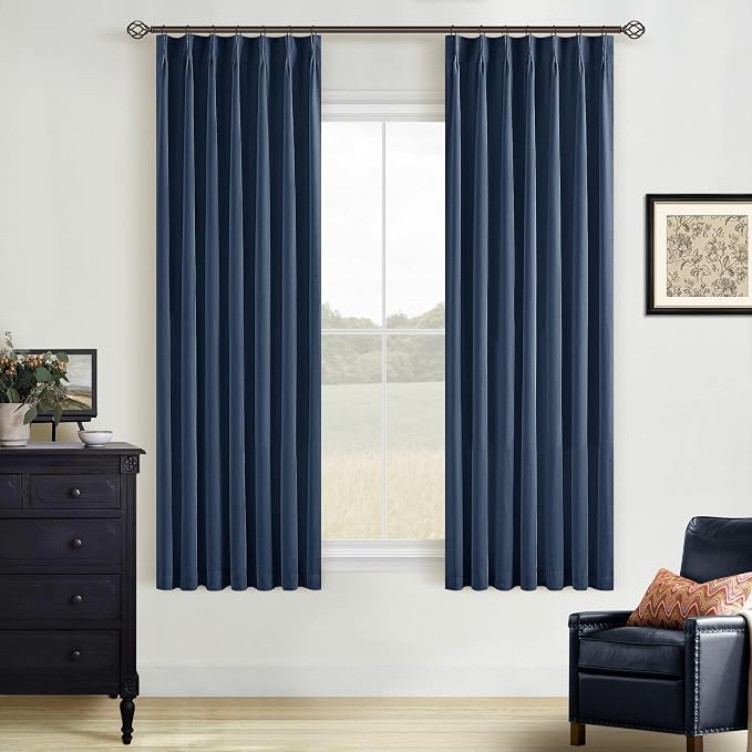Navy Blue Black Out Curtains 63 Inch Long for Bedroom Pinch Pleated with Rings Hooks Back Tab Thermal Insulated Short Linen Blackout Drapes Farmhouse Living Room Darkening Kitchen Dark Blue Curtains
