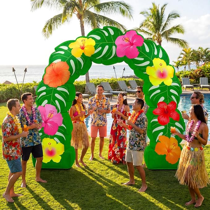 Soulchen 8.2 ft Tropical Hawaiian Inflatable Arch Summer Luau Party Decoration Monstera Leaves Tropical Flowers Inflatable Archway Outdoor Large Hawaii Birthday Party Decor for Beach Luau Pool Patio
