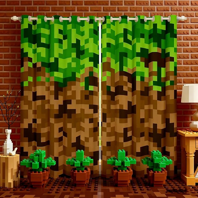 Miners Style Square Grid Window Curtain,Brown Green Pixelated Games Curtains for Kids Boys Teens Men Room Decor,Cartoon Gamepad Modern Window Treatment 100% Blackout Curtain Window Drapes,38Wx45L