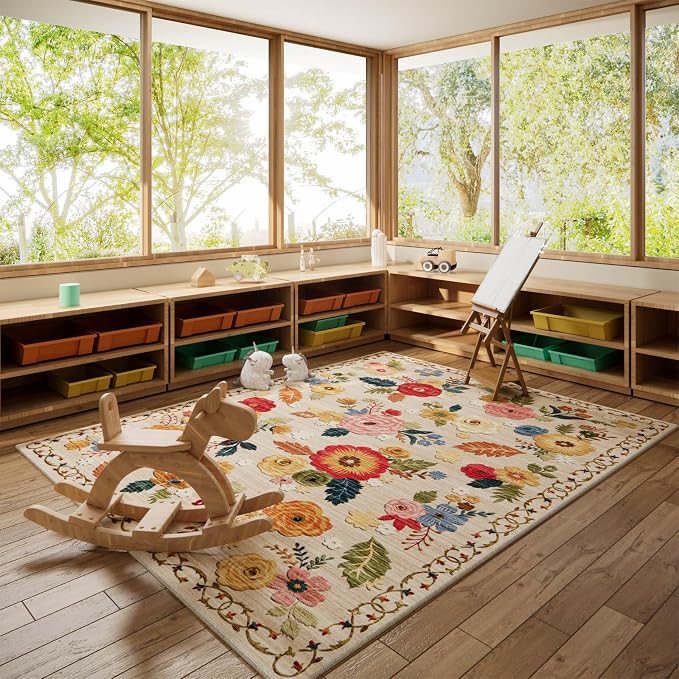 5x7 Area Rugs for Living Room: Machine Washable Rug for Bedroom Non Slip Low Pile Soft Faux Wool Non Shedding Distressed Vintage Floral Carpet for Dining Room Kitchen Entryway Farmhouse Office Indoor