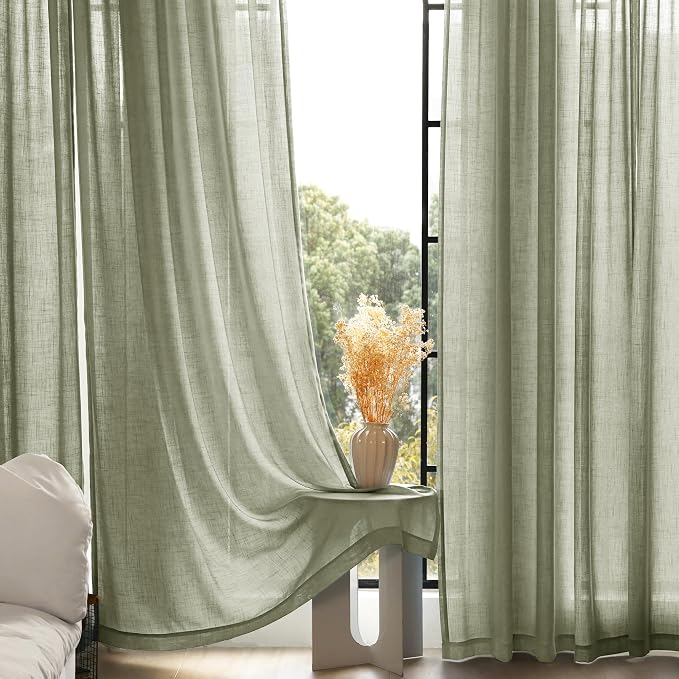 Linen Blend Sage Green Curtains 120 inch Length 2 Panels for Bedroom Back Tab Light Filtering Semi Sheer Drapes Linen Cotton Textured Light Green Airy Modern Farmhouse Living Room Sage Aesthetic Decor