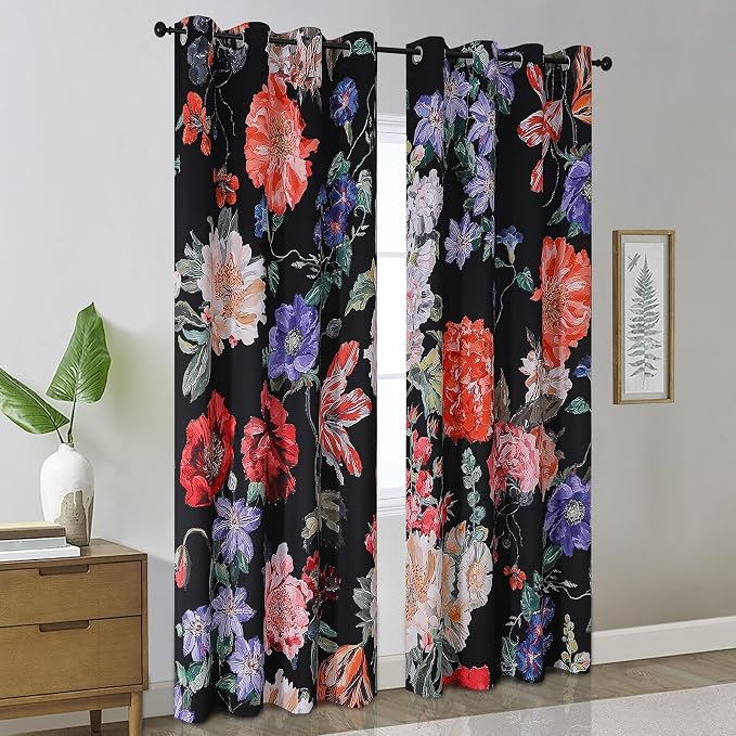 Estelar Textiler Floral Black Out Curtains for Bedroom, Watercolor Morning Glory Plant Print Thermal Insulated Room Darkening Grommet Window Curtains and Drapes for Living Room,Set of 2 Panels,52Wx84L