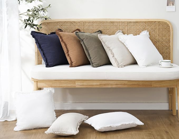 Foindtower Set of 2 Decorative Linen Fringe Throw Pillow Covers Cozy Boho Farmhouse Cushion Cover with Tassels Soft Accent Pillowcase for Couch Sofa Bed Living Room Home Decor, 24×24 Inch, Khaki Brown