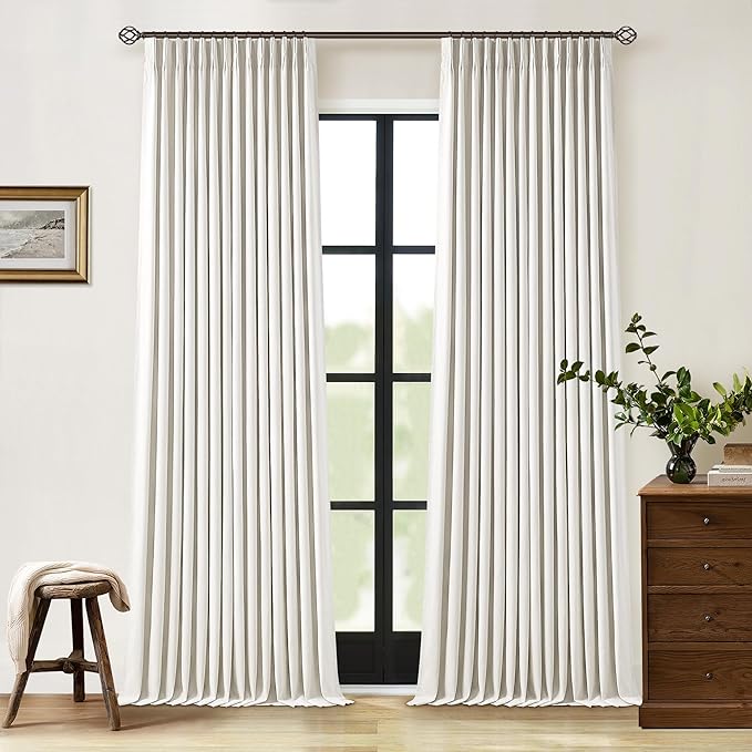 Natural Cream Pinch Pleated Full Blackout Curtains 100 Inches Long Linen Blend Room Darkening Curtain for Living Dining Room Bedroom Memory Shape Thermal Insulated Pinch Pleat Drape with Hooks Rings