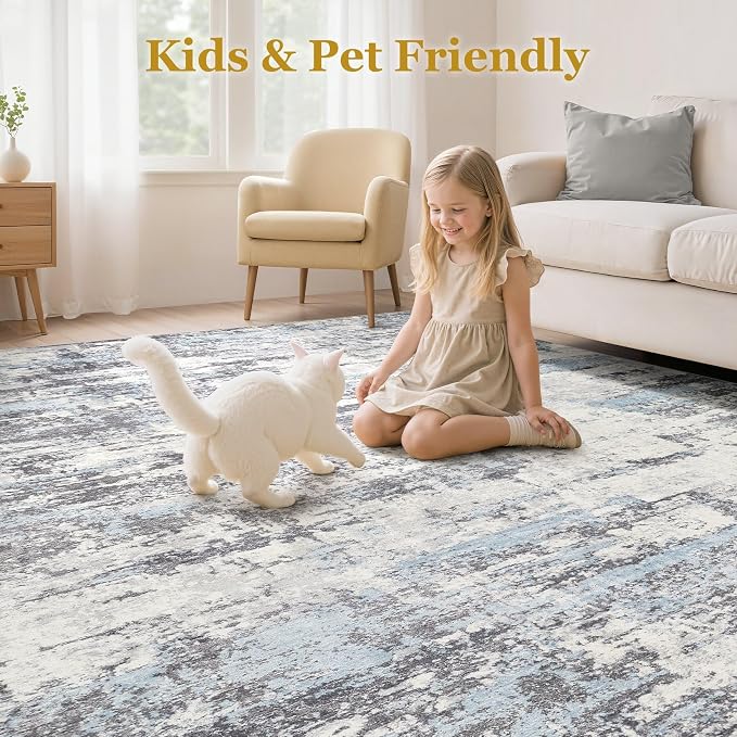 Area Rugs for Living Room: 4x6 Abstract Washable Rug Modern Neutral Large Soft Stain Resistant Non-Slip Backing Machine Table for Bedroom Dining Room Indoor Home Office Carpet - Blue Grey