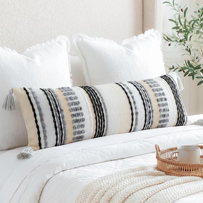 NUYECY Chenille and Cotton Long Pillow for Bed, Striped Textured Boho Lumbar Throw Pillow Cover 16x36, Neutral Accent Decorative Extra Long Body Pillow Case for Couch, Sofa, Bedroom, Grey