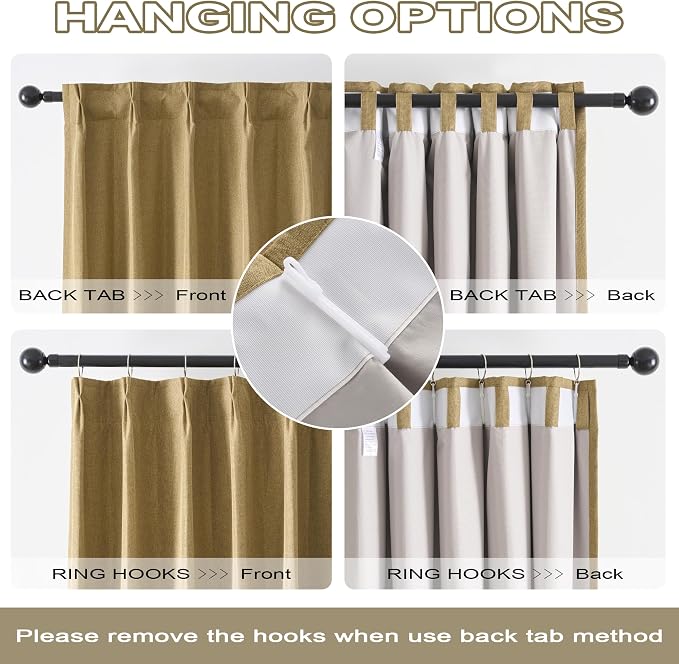 DUALIFE Gold Tan Pinch Pleated Blackout Curtains 126 Inches Long, Back Tab with Hooks, Linen Full Black Out Thermal Insulated Track Curtain for Bedroom Living Room,40 W x 126 L, 2 Panels