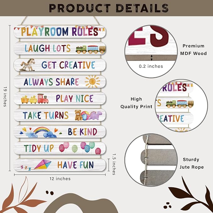 MONALET Playroom Rules Wall Decor for Classroom Nursery Kids Room Bedroom, Be Kind Have Fun Hanging Wooden Signs Door Decorations, Inspirational Positive Affirmations Wall Art Wood Plaque 9Pcs 12x19