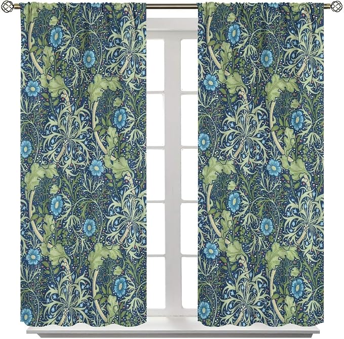 William Morris Floral Blackout Curtains, Country Farmhouse Flower Boho Retro Pattern Window Drapes, for Living Room Bedroom 31.5(W)*63(L) 2 Panels