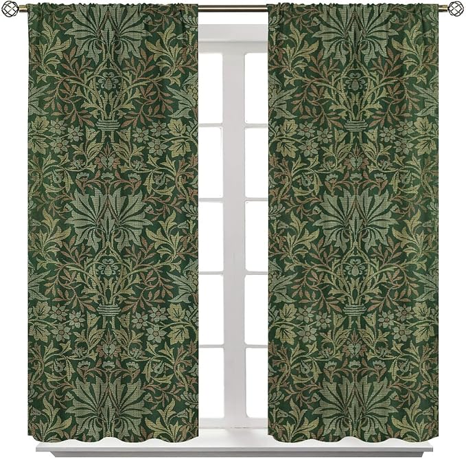Bohemia Art Blackout Window Curtains, William Morris Original Design Green Garden Vintage Curtains, for Living Room Bedroom 21(W)*54(L) 2 Panels