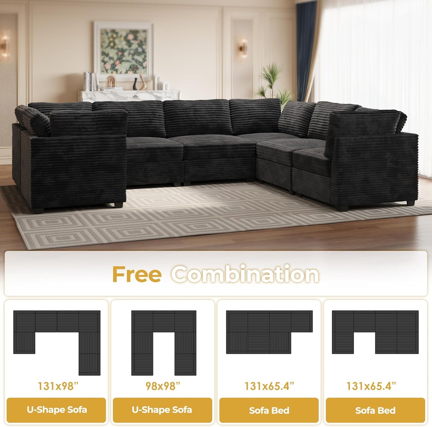 HOOOWOOO Modular Sectional Sofa,7 Pieces Sectional Couches for Living Room,131X98 U Shaped Cloud Couch Set(Black Velvet Corduroy)