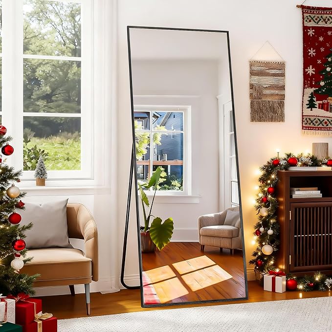 BEAUTYPEAK Full Length Mirror with Stand, 56"x21" Floor Mirror with Aluminum Alloy Thin Frame, ShatterVue Tempered Full Body Mirrors, Free Standing or Wall-Mounted Mirrors for Living Room, Black