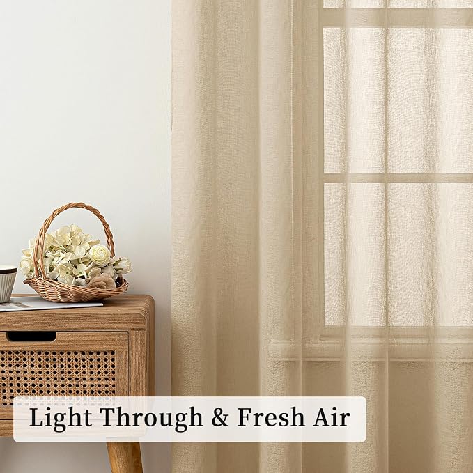 MIULEE 2 Panels Beige Khaki Sheer Window Curtains Elegant Grommet Top Window Voile Drapes/Treatment Linen Textured Panels for Bedroom Living Room (54X63 Inches)