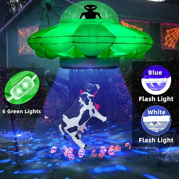 Alien Party Decorations 4.2FT Hanging UFO Cow Abduction Inflatable Alien Inflatable UFO Halloween Blow Up Built-in Green LED Blue&White Flashing Light with Cow Outdoor Indoor Home Garden Lawn Decor