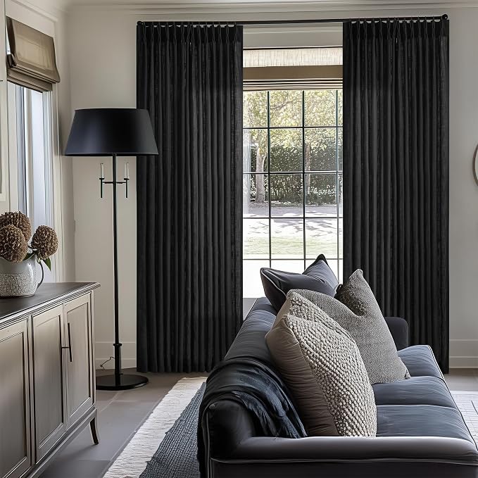 TWODRAPES Black Pinch Pleated Linen Curtains 80 Inches Long for Living Room Bedroom Light Filtering Boho Window Drape 80 Inch 2 Panels with Hooks Rings Back Tab Sliding Glass Door Semi Sheer Curtain