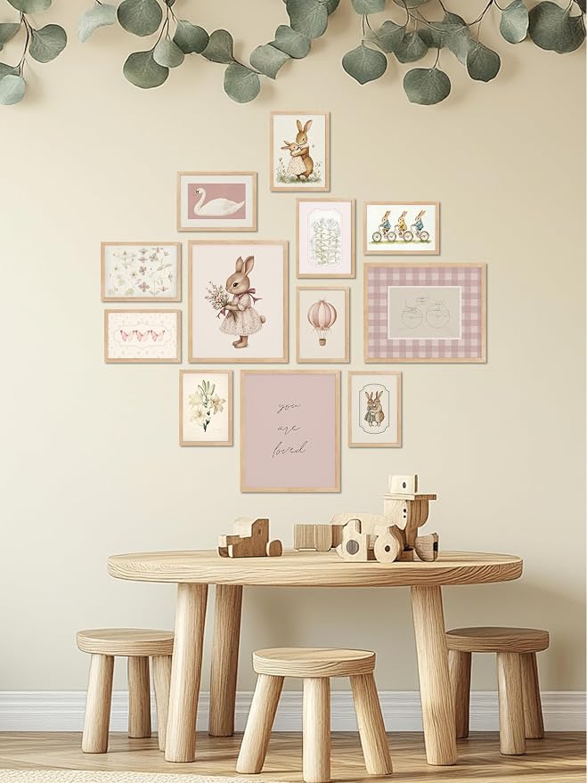 TwoDays Vintage Nursery Decor for Baby Girls, Pink Rabbit Bunny Wall Art for Toddler Kids Playroom, Swan Animals Posters for Bedroom (Multi Sizes, Set of 12, 8 × 10 Largest, UNFRAMED)