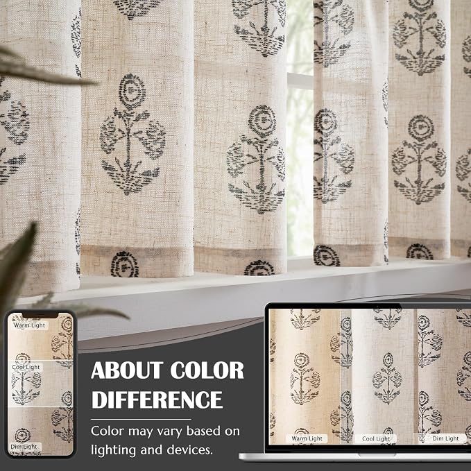 jinchan Linen Kitchen Curtains 24 Inch Floral Tier Curtains Farmhouse Cottage Core Flax Cafe Rod Pocket Country Small Window Drapes for Laundry Room Bathroom RV 2 Panels Black on Beige
