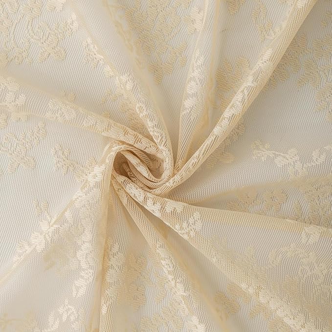 YJ YANJUN Vintage Lace Curtains 90 Inches Long-Victorian Floral Beige Sheer Curtains for Living Room Bedroom Light Filtering Drapes Farmhouse Boho 70s Home Decor 2 Panels W52 X L90 Light Beige