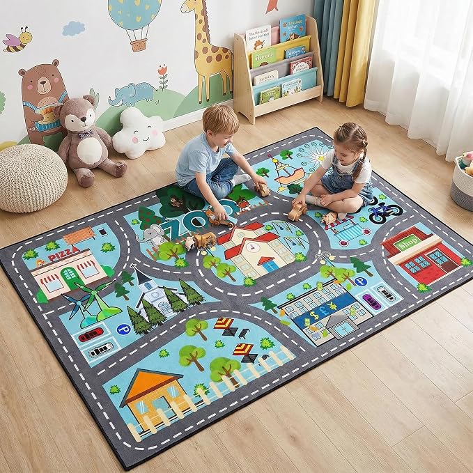 Car Rug Play Mat - Road Rug for Kids Boys Room, Fun Race Track Traffic Road Carpet for Boys Playmat Educational Learn, Car Carpet for Kids Room Decor Playmat Bedroom Playroom,2.5x4 Feet