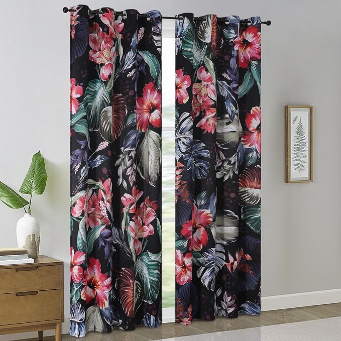 Estelar Textiler Boho Floral Blackout Curtains for Living Room 108 inch Long 2 Panels,Watercolor Leaf and Flower Print Thermal Insulated Room Darkening Drapes for Bedroooom,52x108 Inch