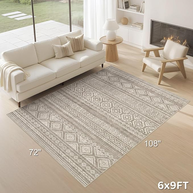 cotiled 6x9 Area Rugs Living Room Rug: Washable Boho Rugs with Non Slip Backing Large Soft Indoor Stain Resistant Carpet for Bedroom Farmhouse Dining Room Lightweight Home Decor Coffee Brown