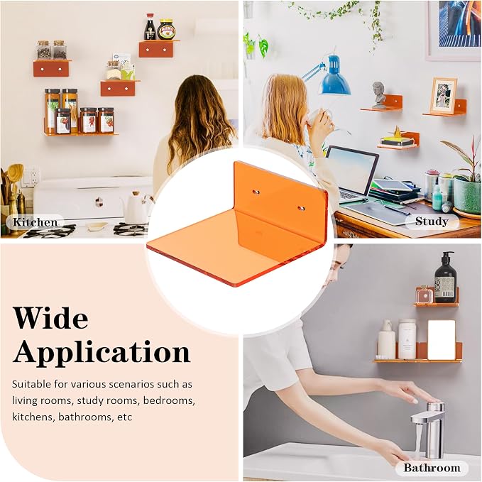 Sezanrpt 6 Inches Small Orange Wall Shelves Set of 2, Wall Mounted Display Shelf Rack for Bedroom, Living Room, Smart Speaker, Clock, Decoration, 2 Pack