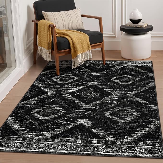 BESTSWEETIE Area Rug 4x6 Rug Machine Washable Non-Slip Low Pile Print Pattern Western Rug for Living Room Bedroom Entryway Tribal Series-Black