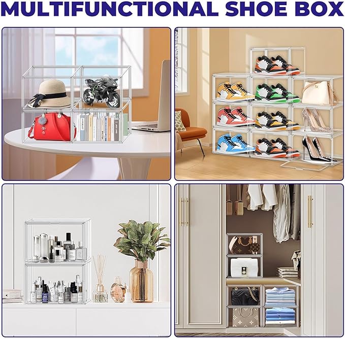 10 Pack Magnetic Shoe Boxes Acrylic Shoe Display Case, Size 12 Sneaker Storage Box Stackable Shoe Containers, Clear Dustproof Shoe Cabinet for Entryway, Closet, Underbed,Hallway, Bathroom