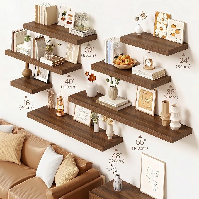 Vivelove Walnut Floating Shelves 48 Inches Long, Wall Display Shelves with Invisible Brackets, for Bathroom Living Room Kitchen Bedroom Office Farmhouse Home Decor, 48x9.3X 1.5 - Set of 2, Walnut
