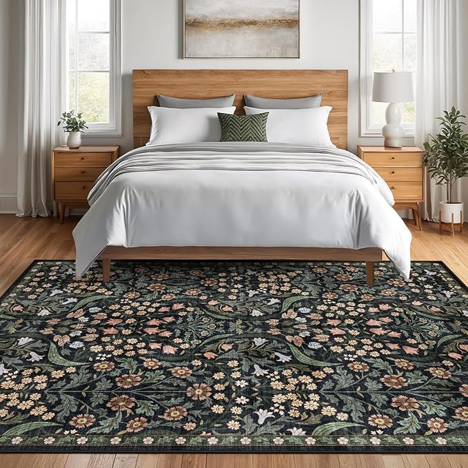 8x10 Washable Area Rug for Living Room, Floral Non-Slip Non-Shedding & Easy Care Soft Low Pile Forest Boho Indoor Floor Carpet for Living Room Bedroom Farmhouse Dining Room Kids Playroom Black