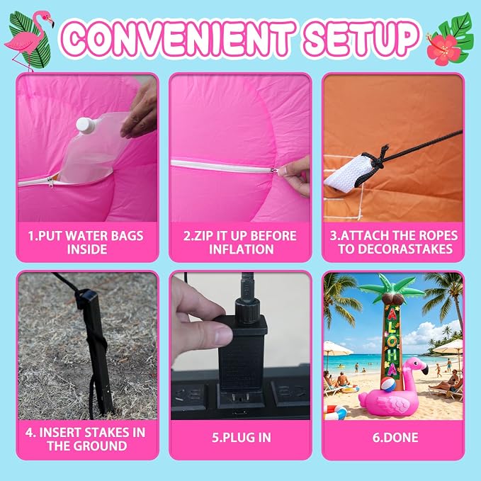 7FT Inflatable Pink Flamingo Palm Trees, Christmas in July Luau Beach Party Hawaiian Tropical Decors with Aloha Streamer, Pool Outdoor Decoration with Built-in LEDs for Summer Lawn Yard Beach