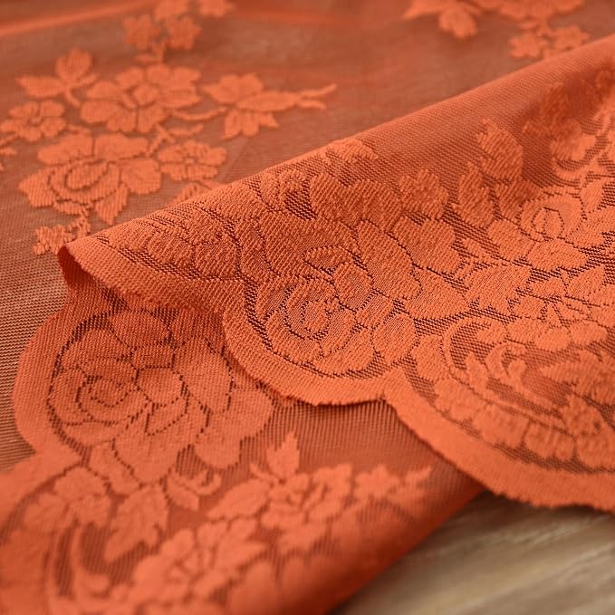 Kotile Burnt Orange Sheer Curtains 90 Inches Long, Country Rustic Floral Rust Fall Sheer Curtains for Bedroom, Rod Pocket Privacy Farmhouse Lace Curtains, 52 x 90 Inch, 2 Panels, Burnt Orange