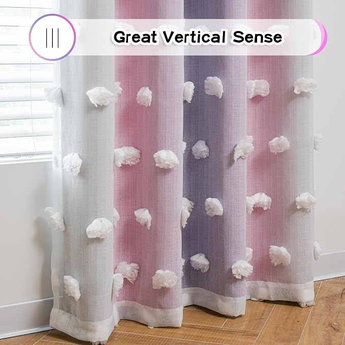 MYSKY HOME Pink Purple Curtains for Bedroom 72 Inch Long Nursery Curtains Pom Pom White Sheer Curtains for Girls Room Double Layer Toddler Dining Room Grommet Room Darkening Window Panels W52 X L72