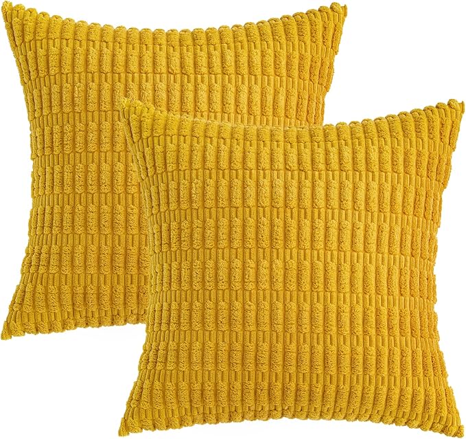 MIULEE Pack of 2 Corduroy Decorative Euro Sham Throw Pillow Covers 22x22 Inch Soft Boho Striped Pillow Covers Modern Farmhouse Home Decor for Summer Sofa Living Room Couch Bed Mustard Yellow