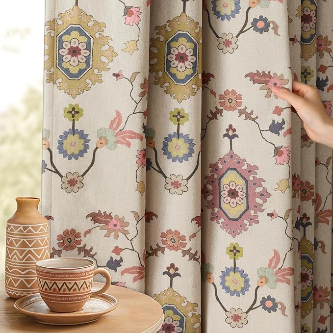 Boho Floral Blackout Curtains for Living Room, Beige Linen Textured Drapes with Colorful Bohemian Print 96 Inches Long 2 Panels Set Vintage Farmhouse Rustic Window Curtains Grommet Top