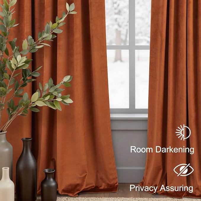 Rust Colored Terracotta Boho Plush Velvet Curtains 108 Inches Long 2 Panels for Living Room Darkening Back Tab Pocket Thermal Insulated Elegant Blackout Curtains Ceiling to Floor Length for Patio Door