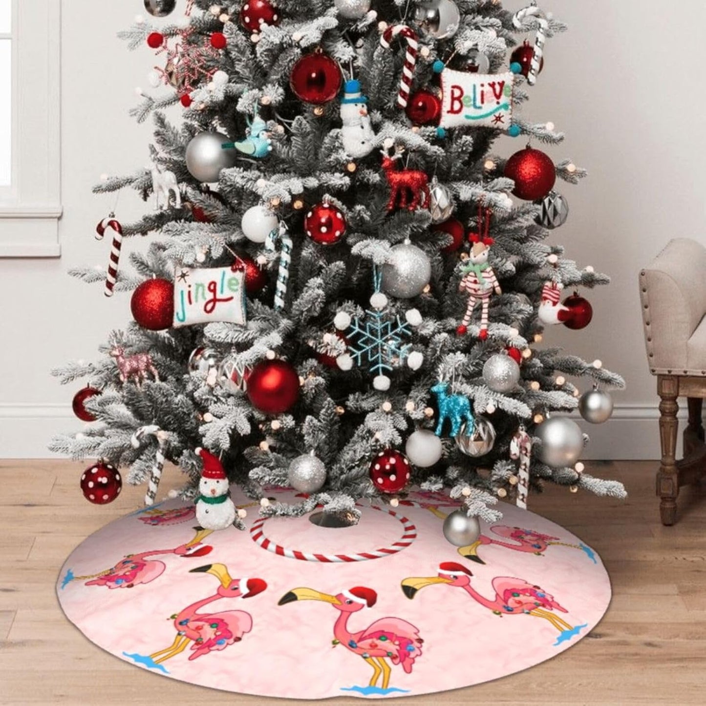 48" Large Christmas Tree Skirt, Christmas Decorated Flamingo Pattern Tree Mat Base Cover for Xmas Festive Holiday Party Decoration Ornaments