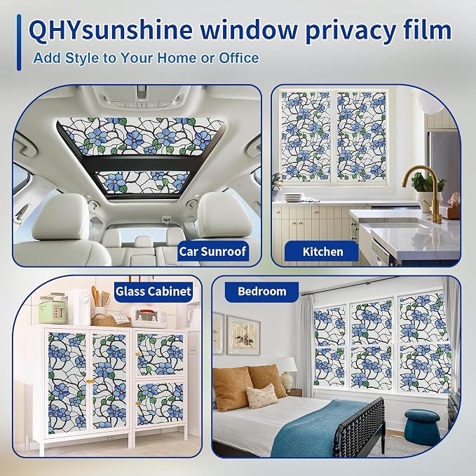 QHY Sunshine Privacy Window Film with Installation Tool Decorative Stained Glass Window Stickers Reusable Window Film (Indigo Frosted, 35.4 x 78.7)