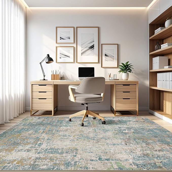Area Rugs 9x12 Living Room: Washable Large Abstract Neutral Modern Soft Rugs Stain Resistant Indoor Floor Non-Slip Accent Carpet for Bedroom Nursery Playroom Office Dining Room Home Decor- Teal