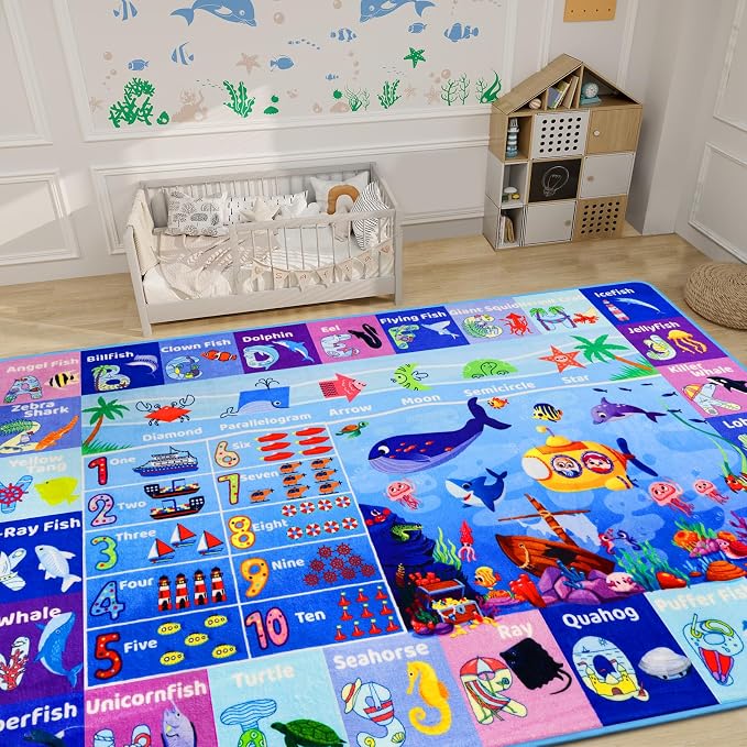 3'3"×5' Interactive Ocean World Learning Rug with ABC, Sea Animals, Numbers & Shapes for & Preschoolers, Washable Non-Slip Carpet for Playroom, Nursery & Homeschool