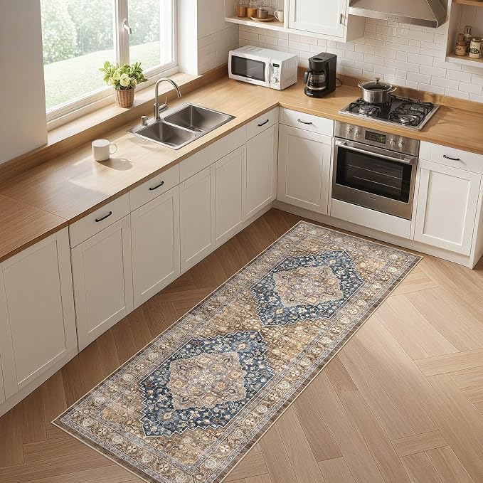 Runner Rug Kitchen Washable Rugs: 3x8 Non-Slip Boho Vintage Stain Resistant Indoor Neutral Farmhouse Throw Carpet for Hallway Bathroom Laundry Room Entryway Bedroom- Yellow Blue