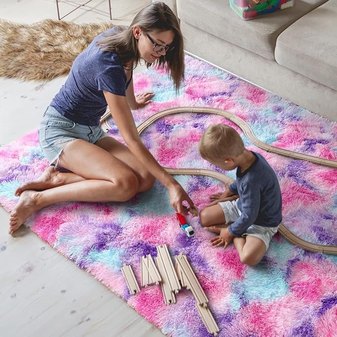 AROGAN 8x10 Feet Soft Rainbow Area Rugs for Kids Girls Room, Fluffy Cute Colorful Princess Carpet for Kids Teens Nursery Toddler,Bedroom, Hot Pink