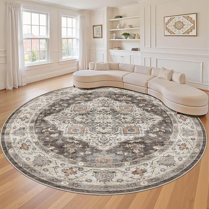 Round Rug Living Room Rugs: 7x7 Washable Boho Neutral Large Circle Soft Indoor Floral Stain Resistant Floor Farmhouse Carpet for Bedroom Nursery Kids Playroom Office Dining Room Dorm- Grey Brown