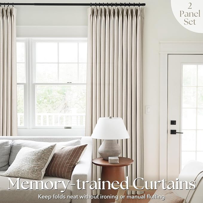 Beige Linen Pinch Pleat Curtains 96 inches Long 2 Panels for Living Room Patio Door Light Filtering Semi Sheer Pleated Curtain 96 Length Memory Trained FarmhouseNeutral Flax Linen Drapes 8 ft Apricot
